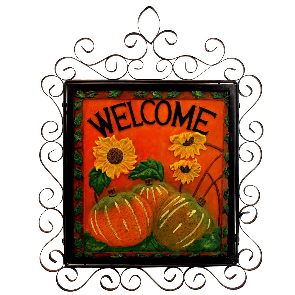 3D 14x18in. ‘Welcome’ Ceramic Tile • Thanksgiving Fall Theme Pumpkins Sunflowers